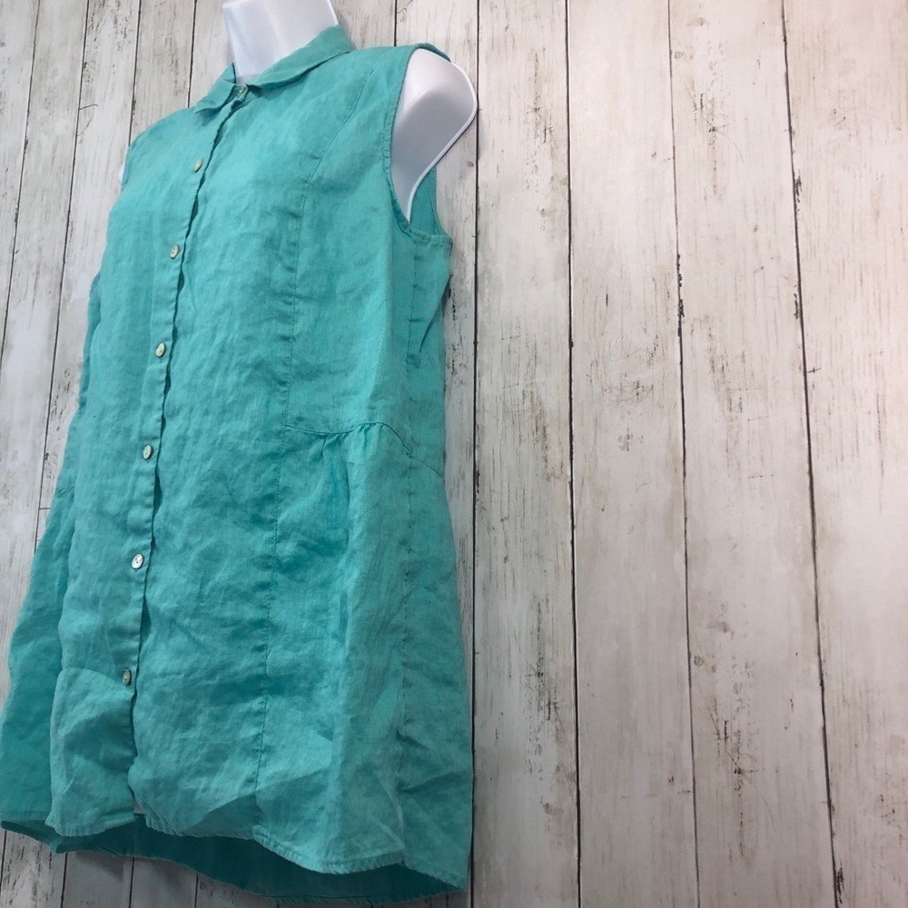 J Jill Love Linen Capri Blue Peplum Back Button Up Tunic Shirt Medium - Picture 2 of 8